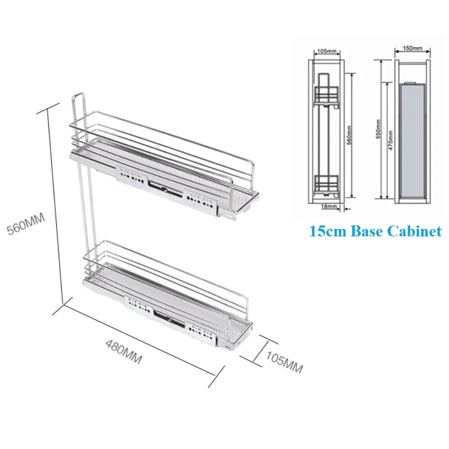 1Piece Soft Close Left Right Side Mount Pull Out 2-Tier Shelf Tray Basket For 15CM Wide Kithen Base Cabinet Black Grey