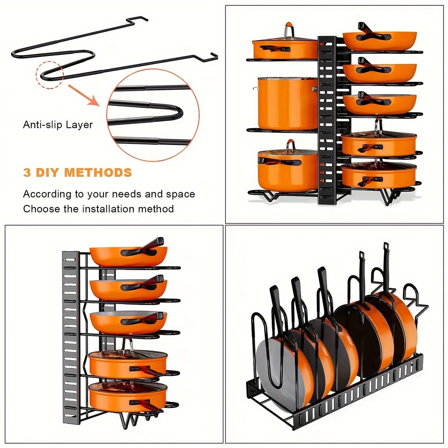 8-Tier Duty Pot Rack Organizer Durable Metal,Space-saving Cabinet Holder for Pots,Pans and lids-Keep Your Kitchen Neat and Tidy