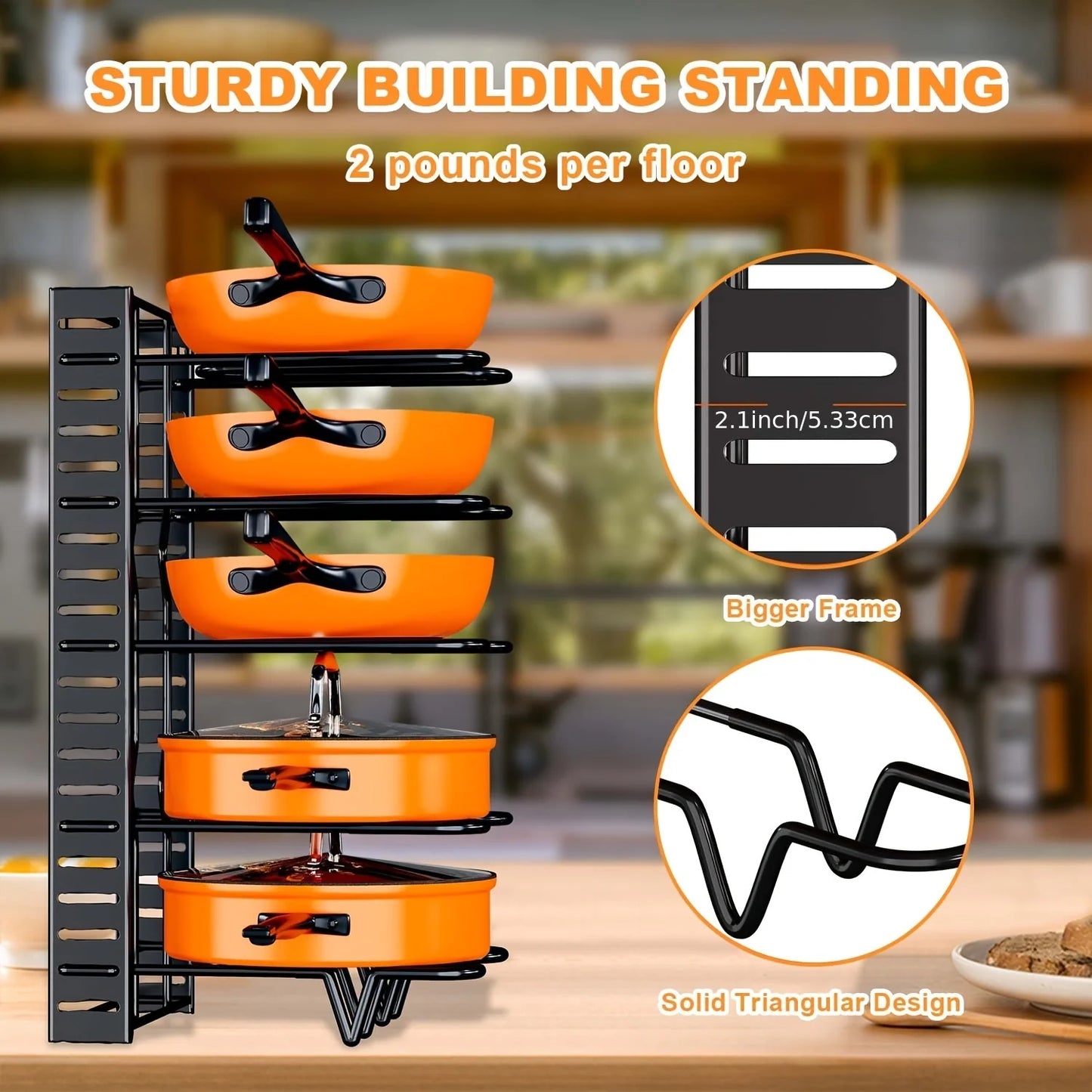 8-Tier Duty Pot Rack Organizer Durable Metal,Space-saving Cabinet Holder for Pots,Pans and lids-Keep Your Kitchen Neat and Tidy