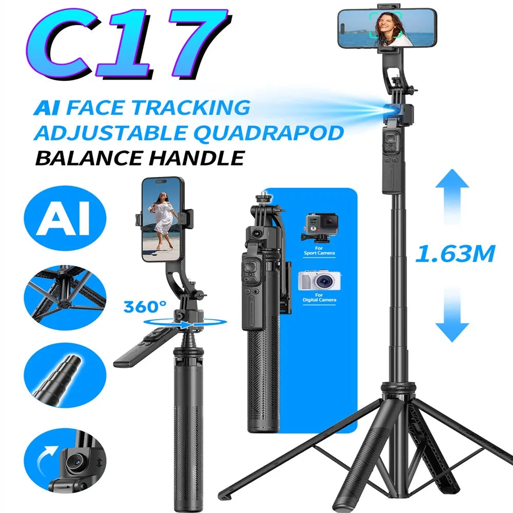 C17 Selfie Tripod for Cell Phone 360°Auto-Rotation AI Tracking Shooting Quadrapod with Remote Control