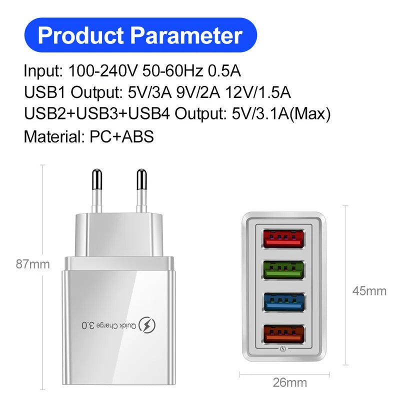 EU Plug USB Charger Quick Charge 3.0 Charger For Huawei Mate 30 20 Xiaomi 11 10T Ultra POCO F3 X3 NFC Wall Mobile Fast Charger