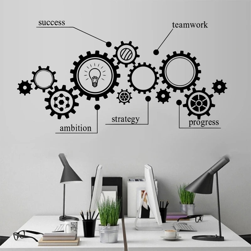 Removable Wall Sticker with Gear Mechanism, Engineering Vinyl Carving, Teamwork, Office Poster, Room Decoration, Fashion Mural