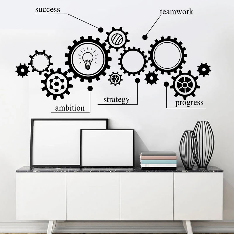 Removable Wall Sticker with Gear Mechanism, Engineering Vinyl Carving, Teamwork, Office Poster, Room Decoration, Fashion Mural