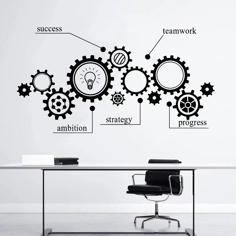 Removable Wall Sticker with Gear Mechanism, Engineering Vinyl Carving, Teamwork, Office Poster, Room Decoration, Fashion Mural