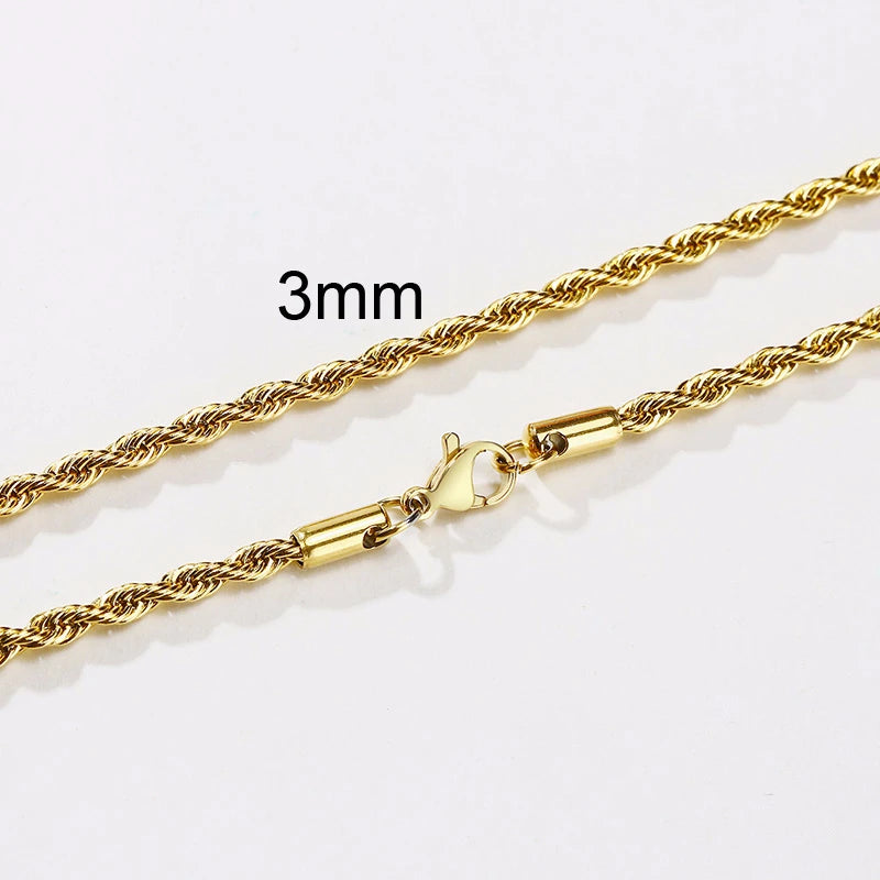 Men Ropes Long Necklace Stainless Steel Minimalist Twist Rope Chain Necklace Available in Gold Color Silver Color 2 TO 5mm