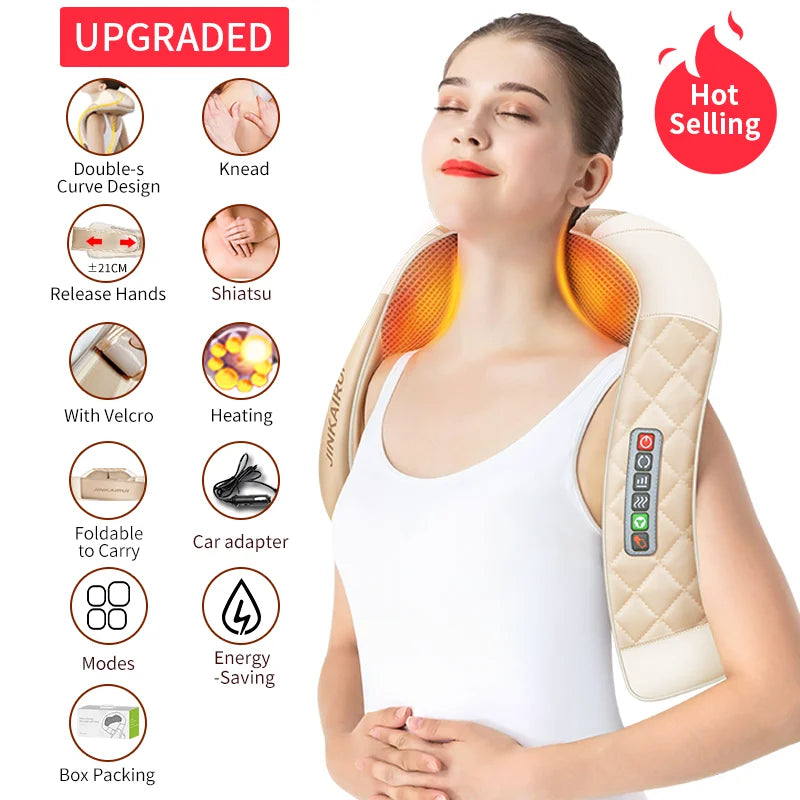 JinKaiRui 16 Massage Heads Heating Neck Shoulder Kneading Massager Cervical Health Care Back Waist Relaxation Massage Shawl