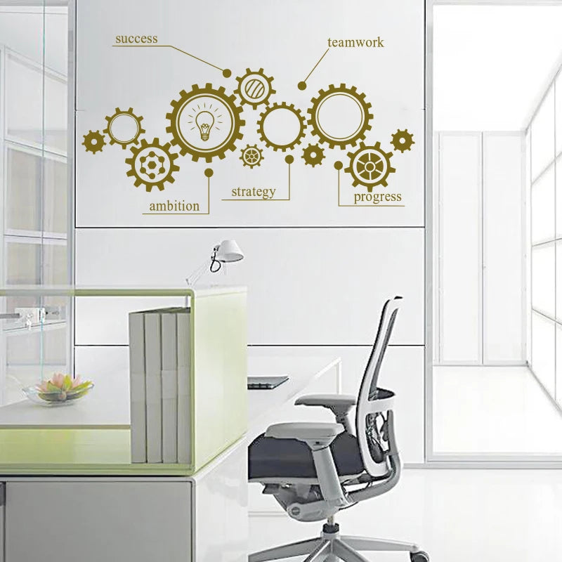 Removable Wall Sticker with Gear Mechanism, Engineering Vinyl Carving, Teamwork, Office Poster, Room Decoration, Fashion Mural