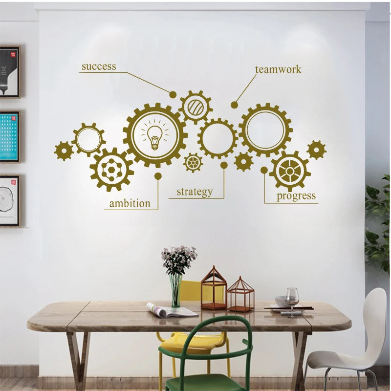 Removable Wall Sticker with Gear Mechanism, Engineering Vinyl Carving, Teamwork, Office Poster, Room Decoration, Fashion Mural