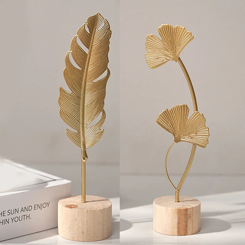 Golden Ginkgo Leaf Miniature Figurines Wooden Statue For Living Room Table Office Home Decoration Accessories Nordic Ornament