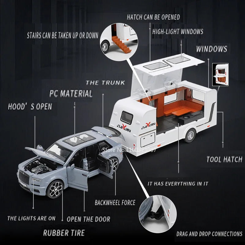 1/32 Rolls Royce Cullinan Camping RV Car Model Toy Alloy Diecast Off-road Vehicle with Sound Light Camping Cars Model Boys Gifts