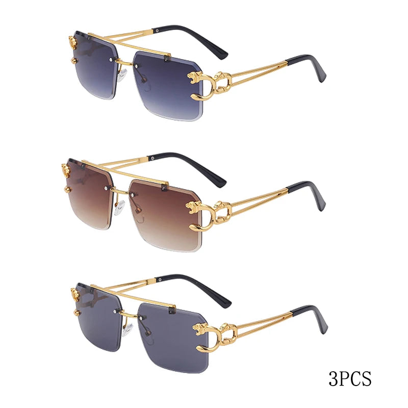 Fashion Leopard Rimless Sunglasses Double Bridges Gradient Ocean Film Shades UV400