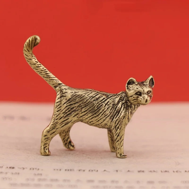 Creative Retro Brass Little Pet Cat Statue Interesting Mini Long-Tailed Cat Tabletop Ornament Miniature Home Decor Crafts Gift