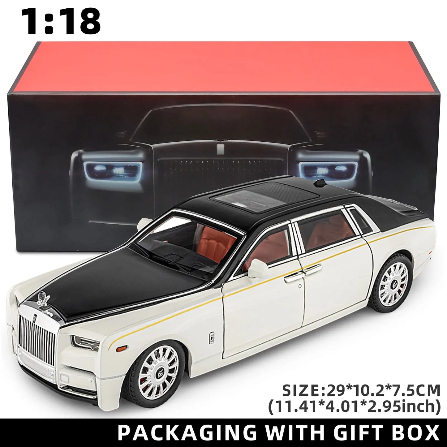 1:18 Rolls-Royce Phantom Model Car, Zinc Alloy Pull Back Toy Diecast Car with Sound and Light, Realistic Modeling Model Toy