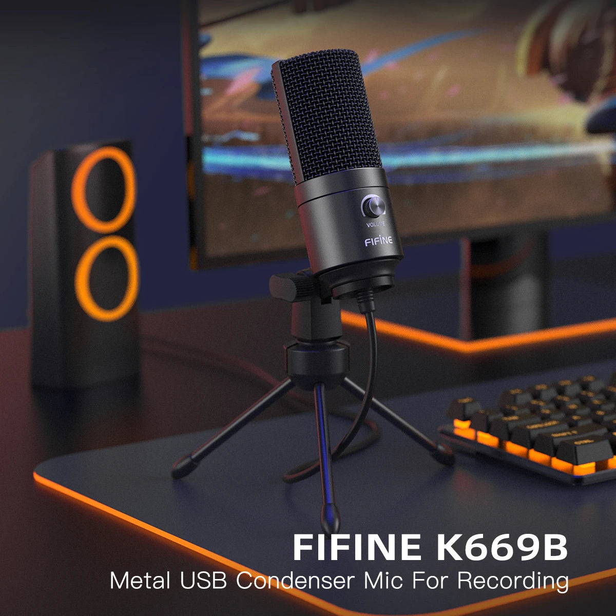 FIFINE USB Condenser Microphone with Gain Knob,Metal Recording Mic for Home Studio,Podcasting,Voice-over,Laptop,Windows -K669