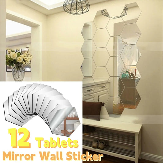 12 Tablets Hexagonal Frame Three-dimensional Mirror Wall Sticker Aisle Decorative Mirror Sticker Living Room Background Wall