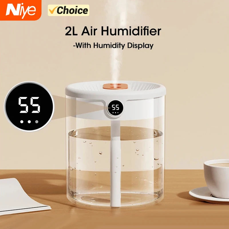 Niye Hotselling 2LDouble Nozzle Air Humidifier with LCD Humidity Display Large Capacity Aroma Essential Oil Diffuser for Bedroom