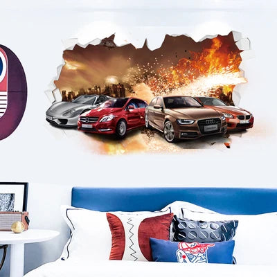 3D Urban High end Sports Car Cool Motorcycle Car Wall Sticker Boys' Room Car Art Poster Wallpaper Boys' Dream Gift Decoration