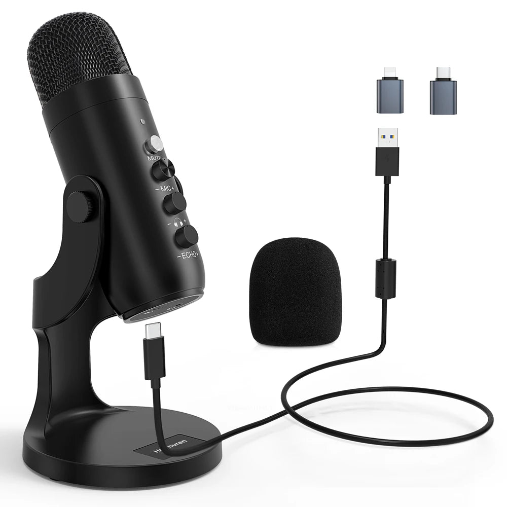 Haomuren USB Microphone for PC Mac Gaming Recording Streaming Podcast,Computer Condenser Mic with Phone Adapter Headphone Output