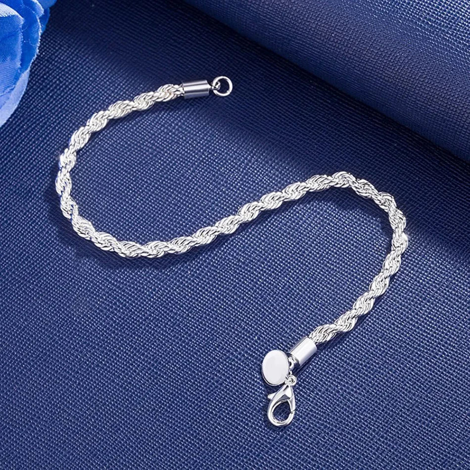 ALIZERO 925 Sterling Silver Unisex 4mm Rope Chain Bracelets for Men Women Twisted Links Chain Bracelet Simple Classic Jewelry