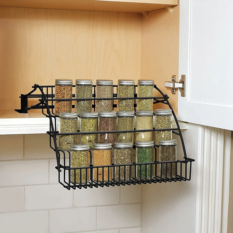 Metal 3-Tier Pull Down Spice Rack - Easy Reach Retractable Large Capacity Kitchen Storage Shelf Organizer for Cabinet A