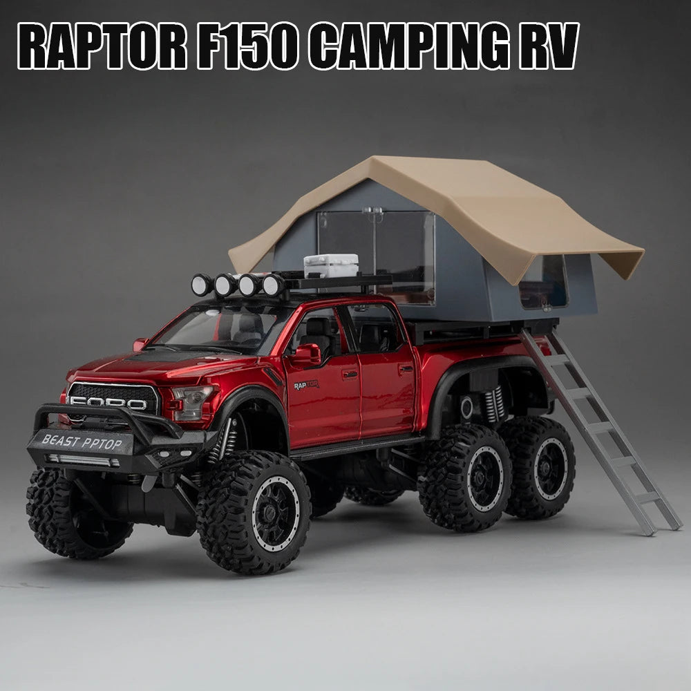 1:24 Raptor F150 Toy Car Models Alloy Diecast Camping RV Pull Back Sound Light 5 Doors Opened Ornament Vehicle Presents for Kids