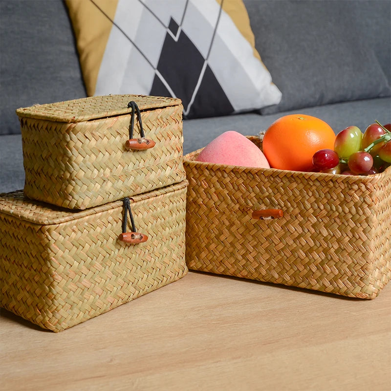 Storage Shelf Basket with Lid Rectangular Handmade Seagrass Rattan Woven Makeup Organizer Multipurpose Container Natural Box for