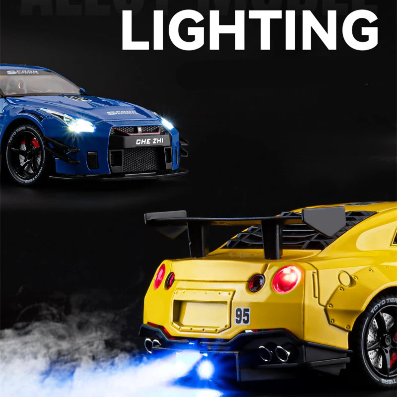 1/24 Nissan GTR GT-R R35 Alloy Sports Car Model Diecast Metal Racing Vehicles Car Model Sound and Light With Spray Kids Toy Gift