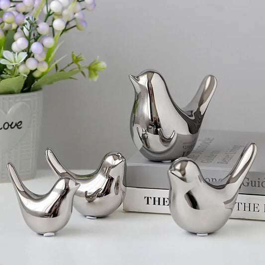 Silver Birds Figurine Nordic Ceramic Gold Animal Statue Jewelry Home Decoration Living Room Table Decorations 4 Sizes