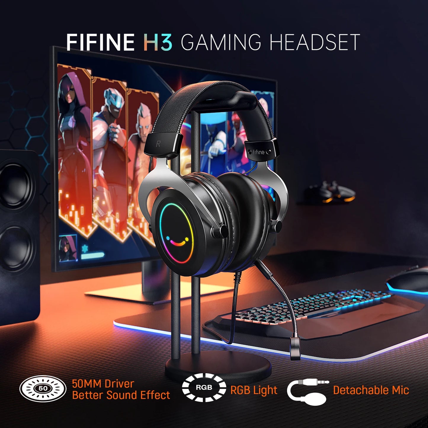 FIFINE Gaming RGB Headset with Line Control/Detachable Mic,3.5mm Over-ear Headphone for PC,PS4/5,Switch,Xbox,Mobile-AMPLIGAME H3