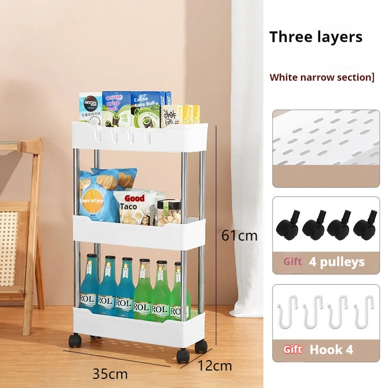 LH 3/4 Tier Mobile Storage Rack Multifunctional Save-Spacing Movable Gap Plastic Bathroom Rack Trolley Organizer with Wheels