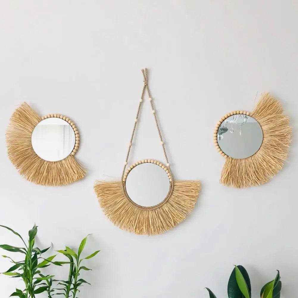 Space-saving  Unique Straw Decoration Hanging Mirror Acrylic Straw Mirror Hanging   for Living Room