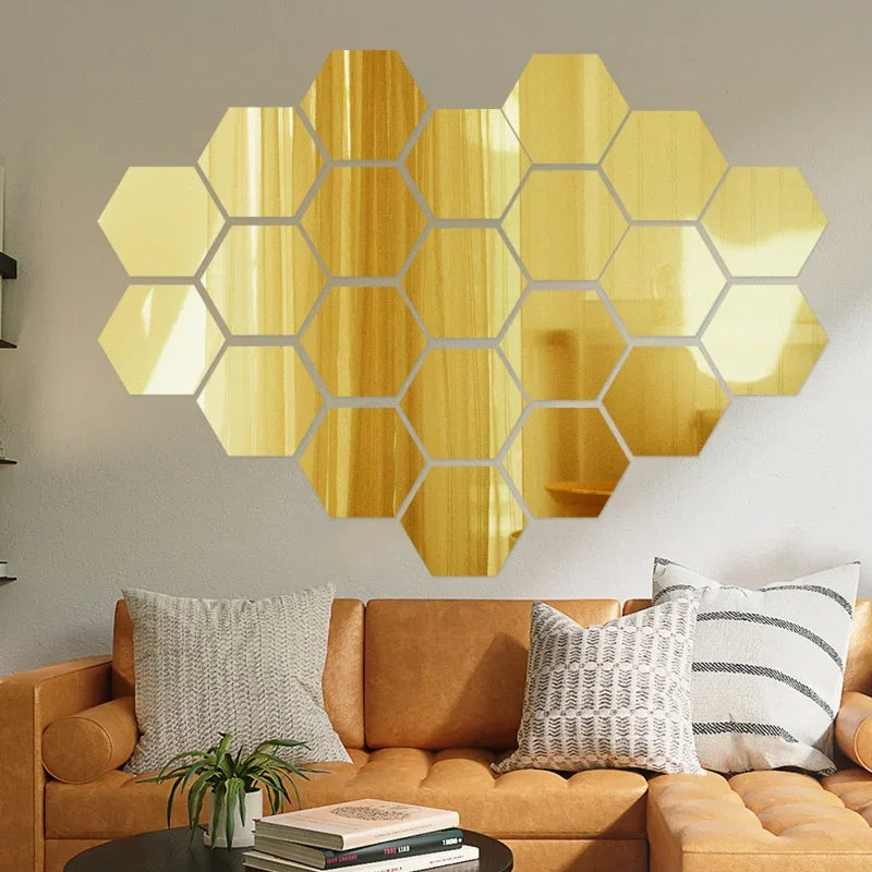 24/6pcs 3D Mirror Wall Sticker Hexagon Acrylic Self Adhesive Mirror Stickers Art Wall Decals Mosaic Tiles DIY Home Bedroom Decor