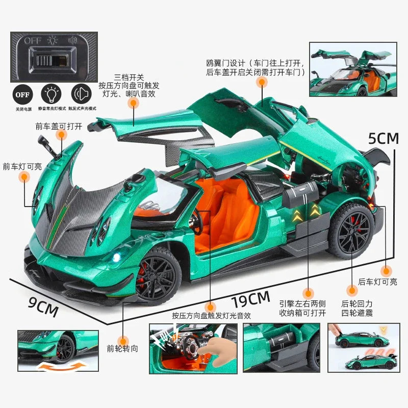 1:24 Pagani Huayra BC Supercar Alloy Die Cast Toy Car Model Sound and Light Pull Back Children's Toy Collectibles Birthday gift