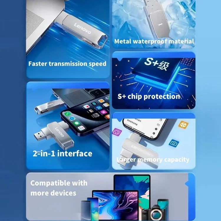 Lenovo 16TB USB Flash Drive USB3.2 High Speed Transfer Metal Type C U Flash Portable Mini PenDrive Memory Waterproof Pen Drive