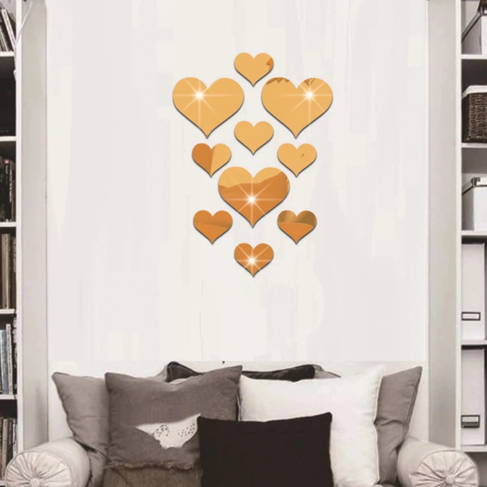 10Pcs/Set Durable Love Heart Stickers Wall Sticker Mirror Mural 3D Decal Simple DIY Decorative Removable Paster Home Decoration