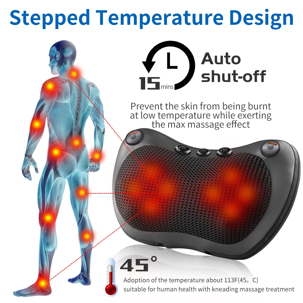 Massage Pillow 3 speed Head Relax Electric Shoulder Back Shiatsu Neck Massager with Deep Tissue Kneading for Back Neck Legs