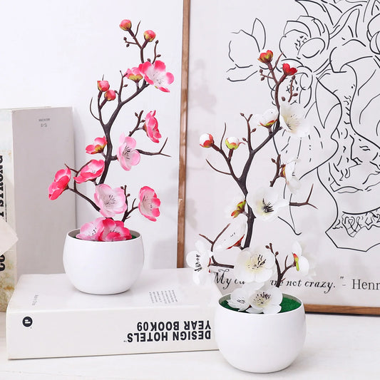 Plum Blossom Artificial Flowers Potted Vase Plants For Room Home Wedding Garden New Year Blossom Decoration Bonsai Accessories