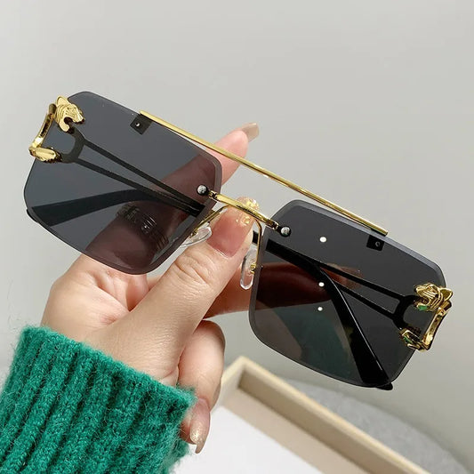 Rimless Square Double Bridge Sunglasses Fashion Stylish for Women Vintage Trend Brand Design Men Shades Eyewear