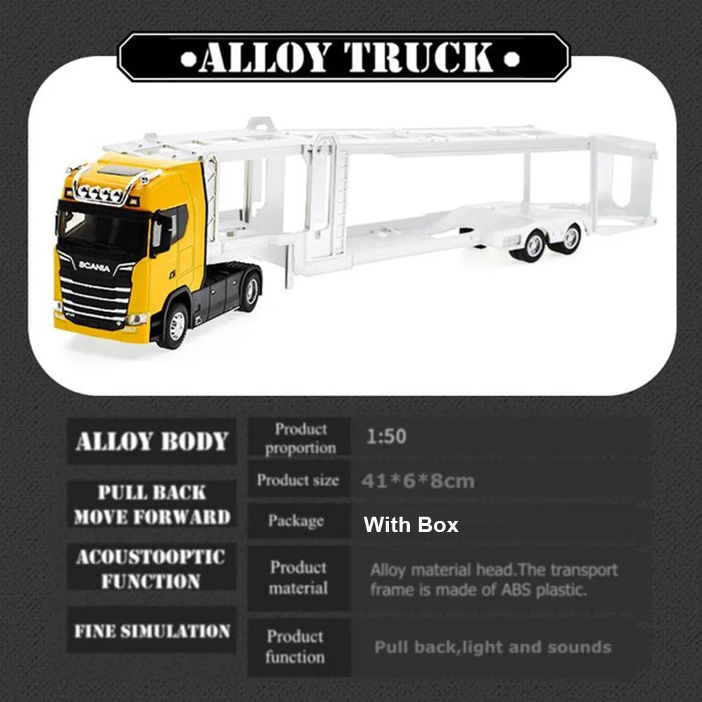 1:50 Simulation Alloy Diecast Large Truck Head Model Container Toy Pull Back Sound Light Engineering Transport Vehicle For Kids