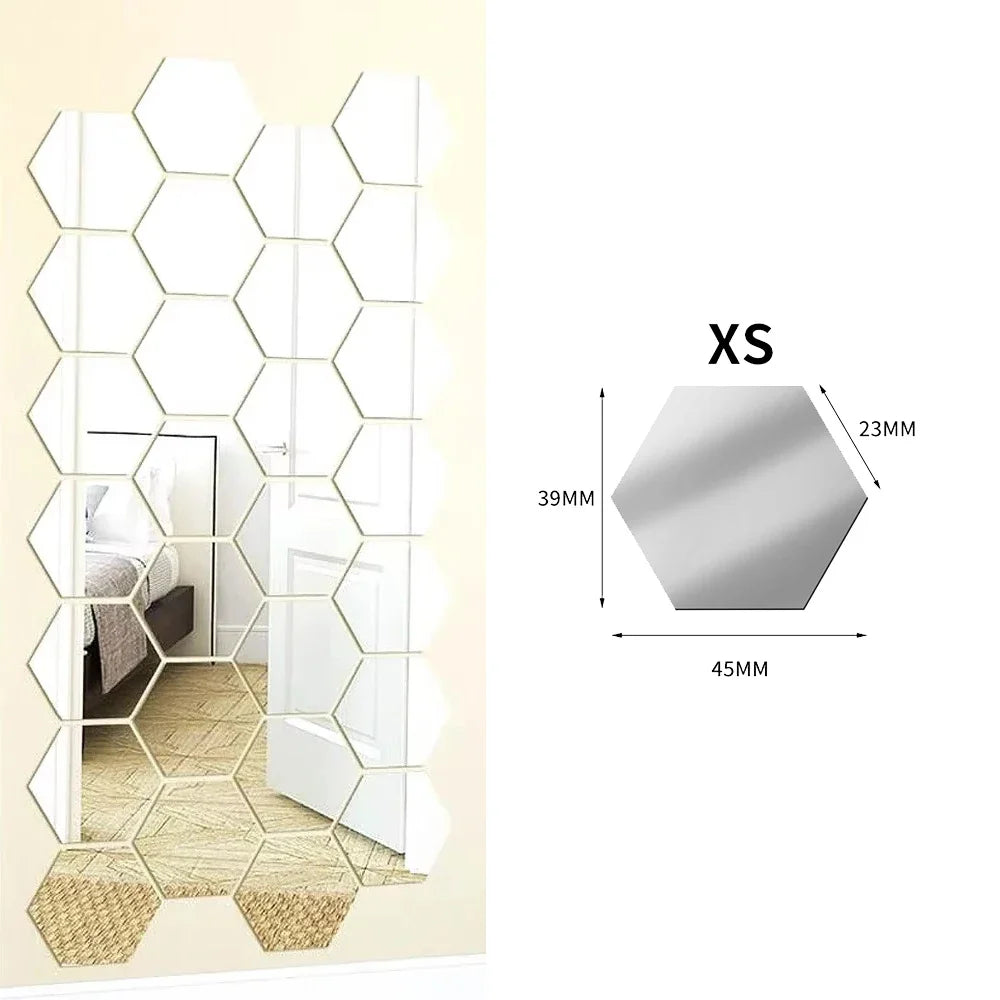 6/48Pcs Hexagonal Acrylic Mirror Wall Stickers Mirror Solid Paster Self-adhesive Gold Silver Decals Home Bedroom Art Decoration