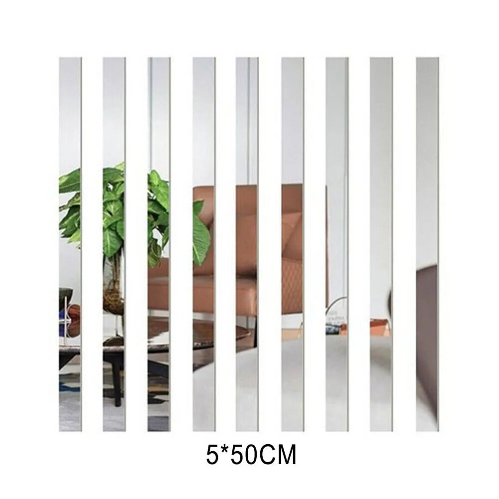 10Pcs 5×50cm Long Strip Acrylic Mirror Mosaic Wall Sticker Living Room Bedroom Decor Fit For Sofa Setting Wall, Dining Room