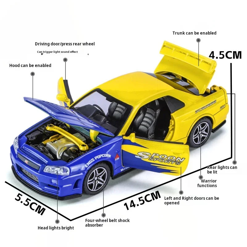 1/32 Nissan GTR34 Skyline GTR Toy Car Model Diecast Racing Miniature Model Sound & Light Pull Back Collection Gift Children Boy