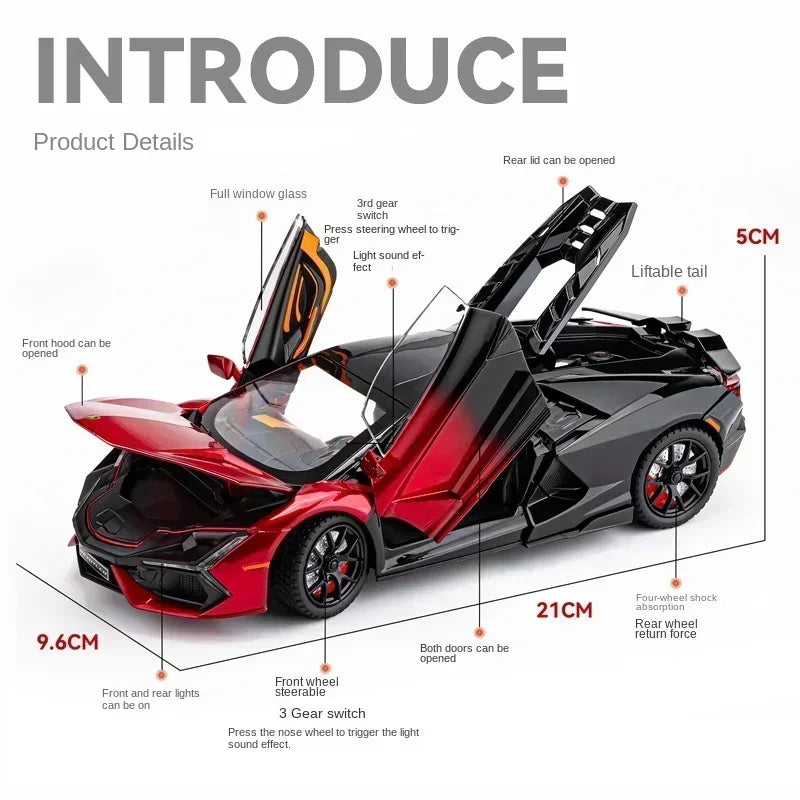 Simualtion 1:24 Lamborghini Revuelto Super Car Model with Sound Light Children Boy Diecast Toy Vehicle Collection Miniature