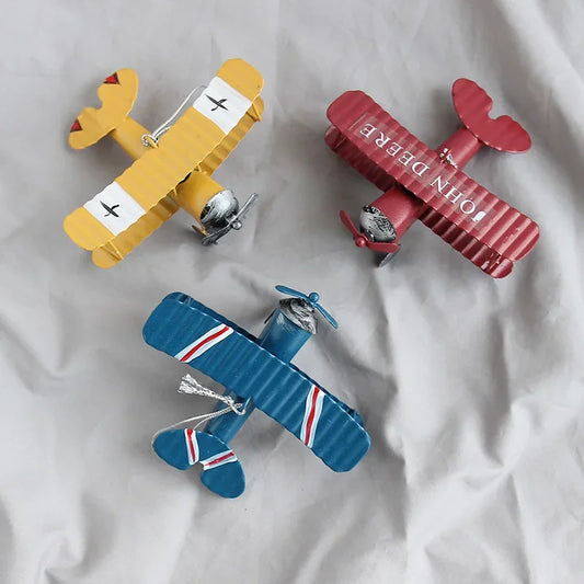 1Pc Mini Biplane Figurines for Home Decor Metal Iron Air Plane Model Aircraft Vintage Hanging Planes Miniature Kids Gifts