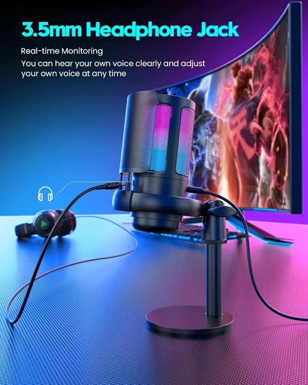 Gaming Microphone USB for Podcast Streaming RGB Indicator Quick Mute Shock Mount Gain Knob Compatible with PS4 PS5 PC