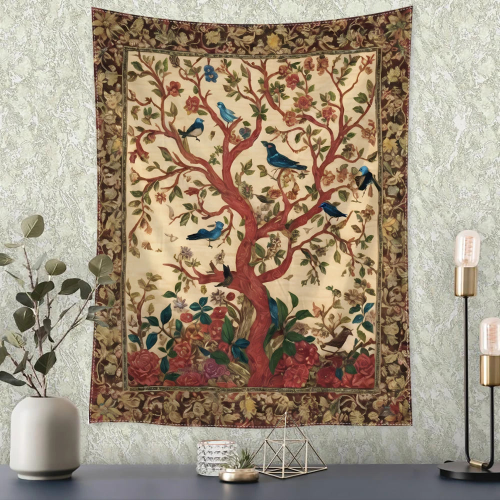 Retro Flower and Bird Tree Tapestry Wall Hanging Abstract Art Mysterious Witchcraft Hippie Dormitory Living Room Home Decor