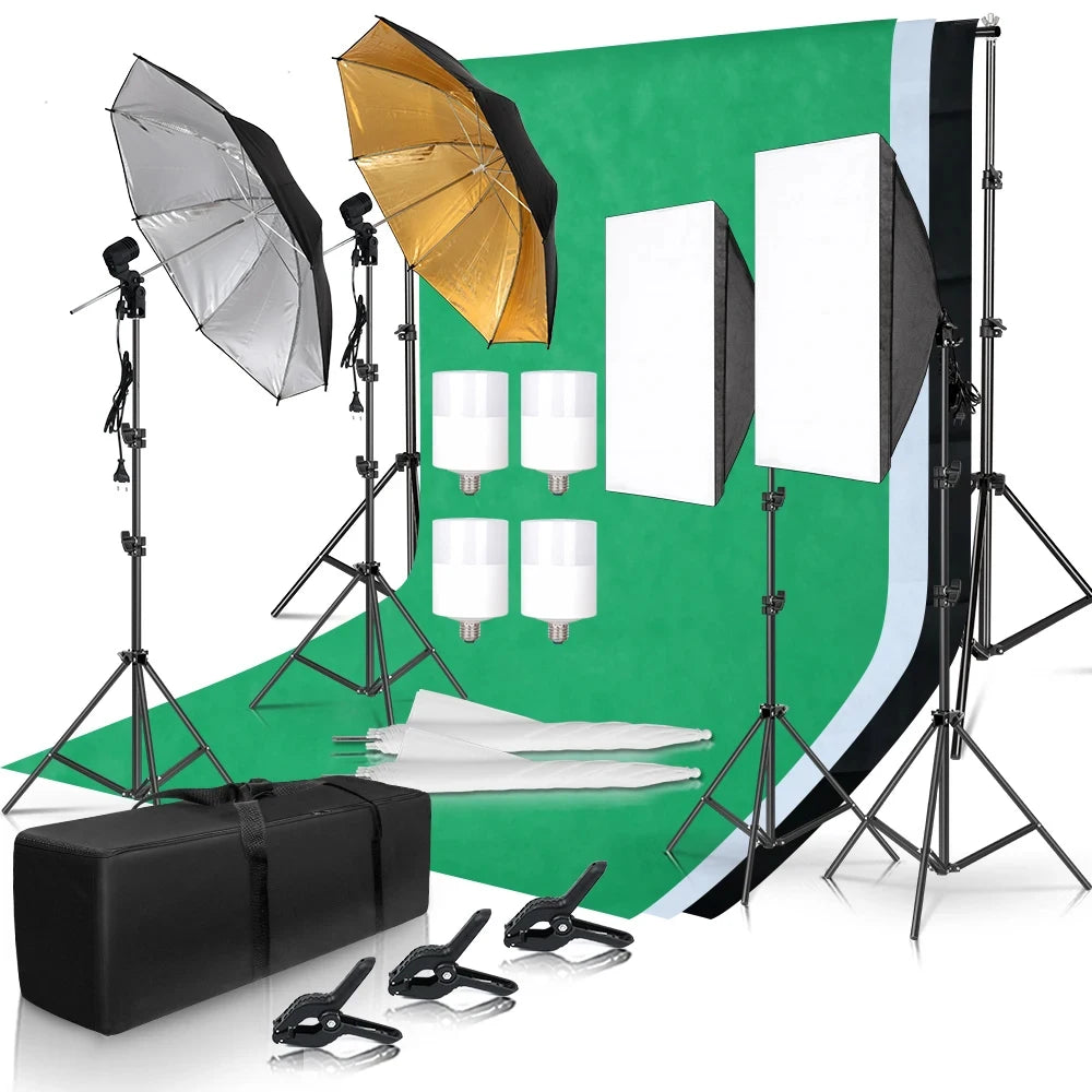 Photography Lighting Kit Umbrella Photo Background Muslin Backdrops Softbox Light Stand Portable Bag Soft BoxFor Photo Studio