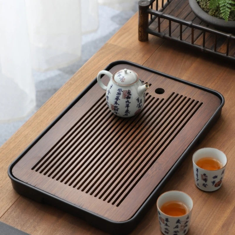 Portable Bamboo Tea Tray Kung Fu Tea Set Tray Grid Disk Household Drainage Storage Tea Tray Quick Drainage Dry and Wet Dual Use