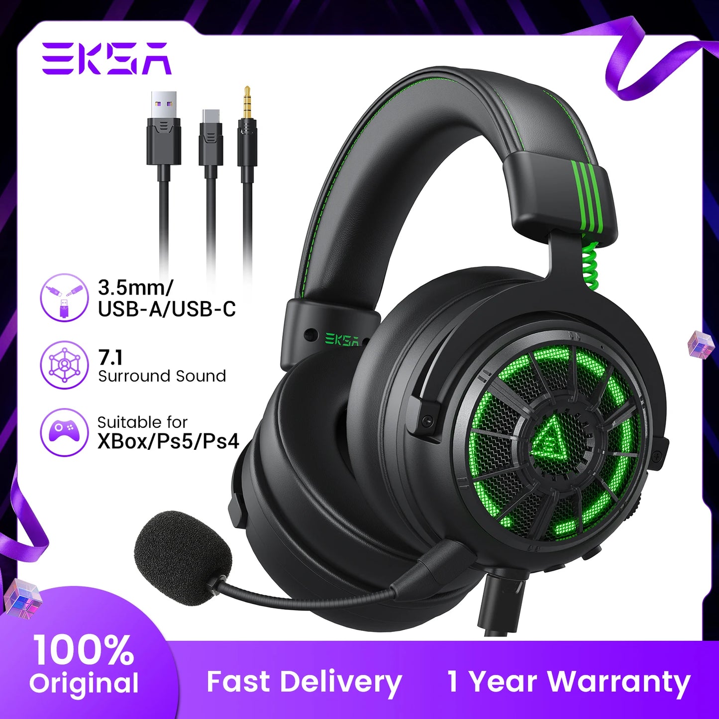 EKSA E5000 Pro Gaming Headset with Microphone, 7.1 Surround Sound Headphones for PC Gamer, Wired Headset