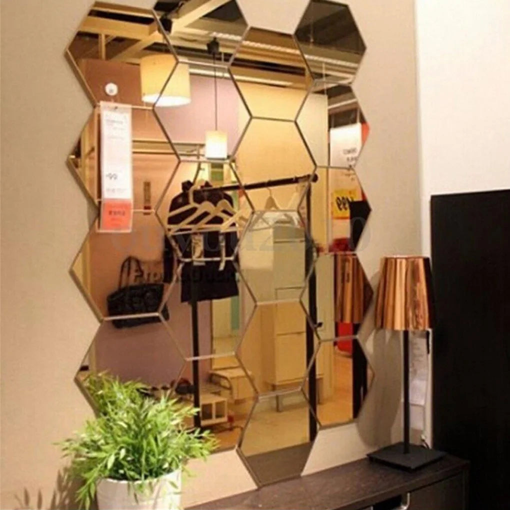 12 Pieces Hexagon Mirror Stickers 3D Acrylic Smooth Surface Reflective Effect Wall Decal Home Use Living Room Decoration